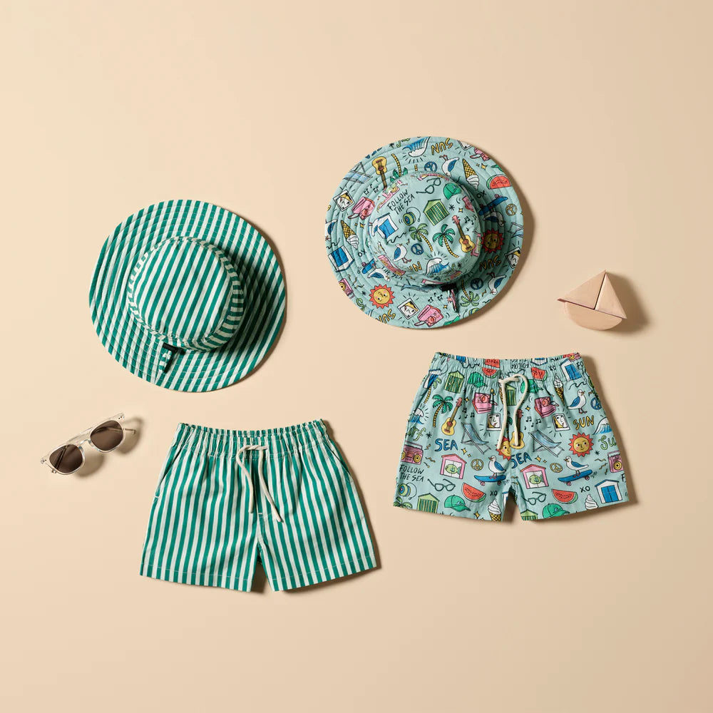 Green Bean Stripe Swim Board Short