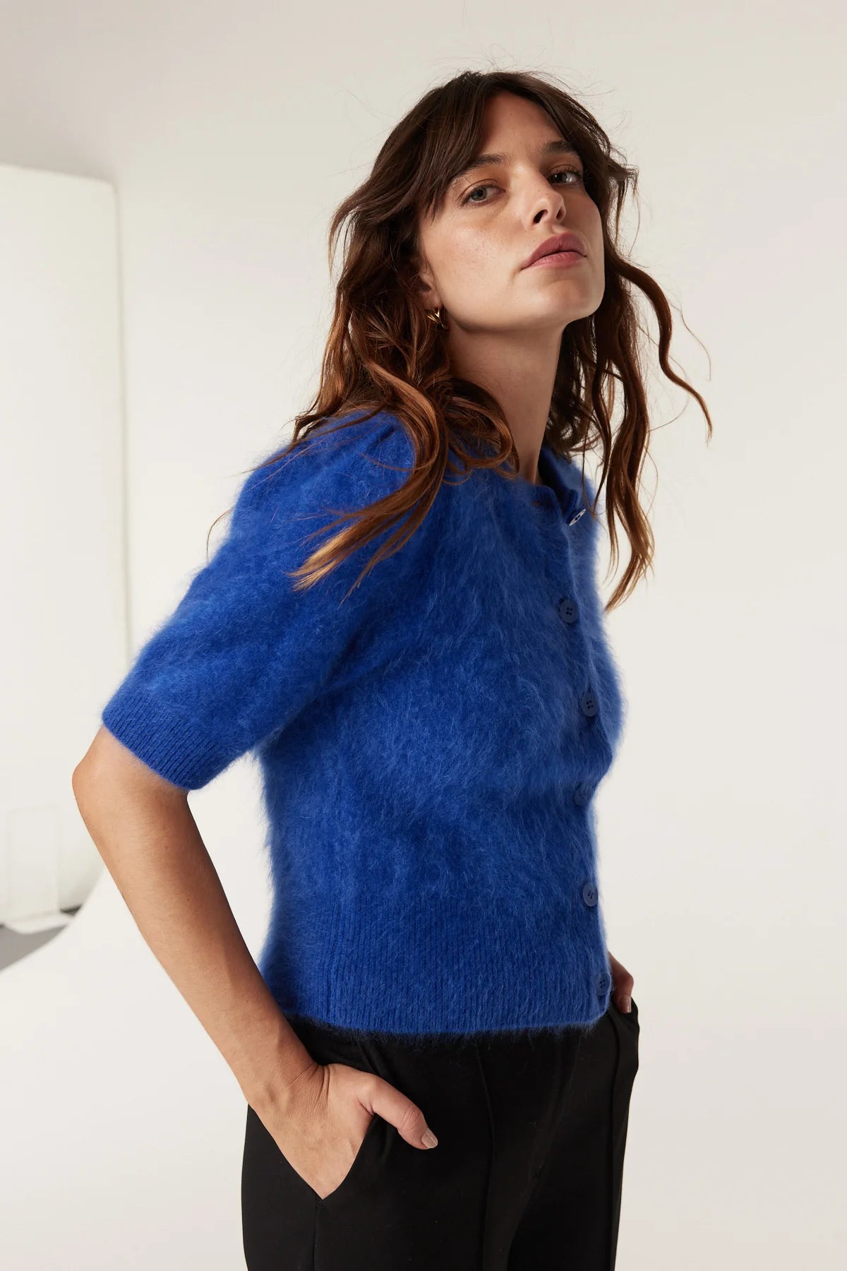 Brushed Pure Cashmere Cardigan - Sapphire Blue