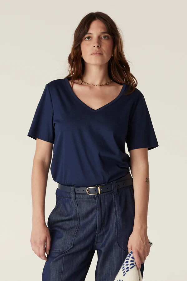 Pima V Neck Tee | Navy