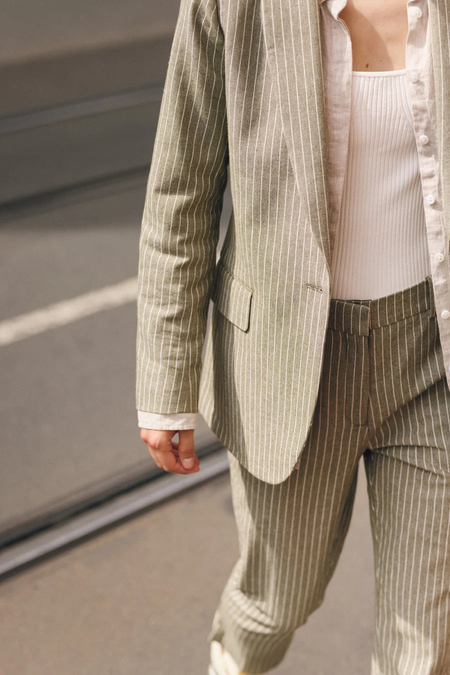 CABLE - Mosman Pinstripe Blazer - Sage Green Pinstripe