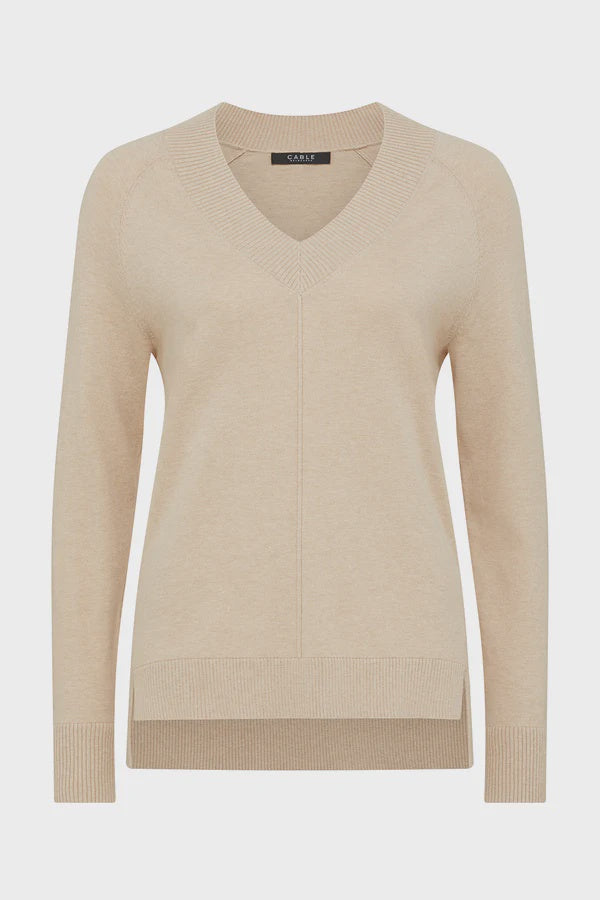 Cotton Cashmere V Neck Jumper Sand