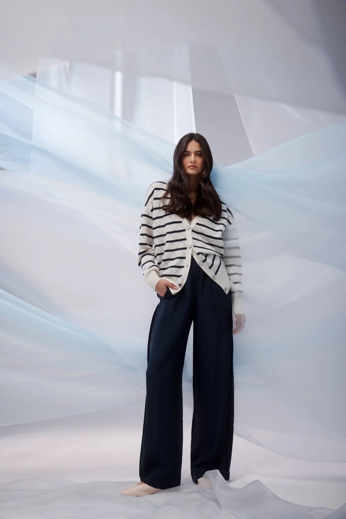 Cashwool Cardigan Navy Stripe