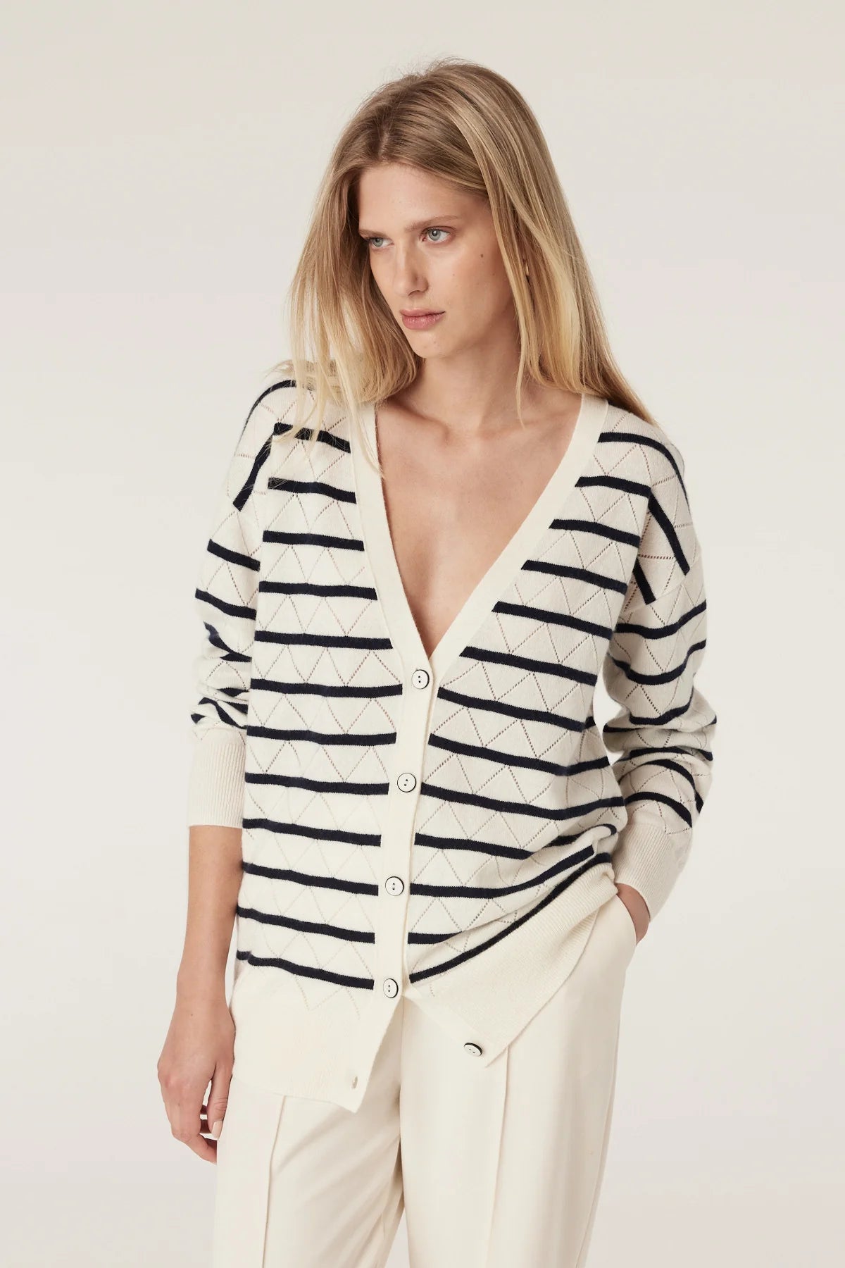 Cashwool Cardigan Navy Stripe