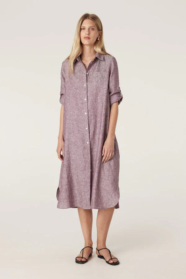 Pure Linen Shirt Dress Berry