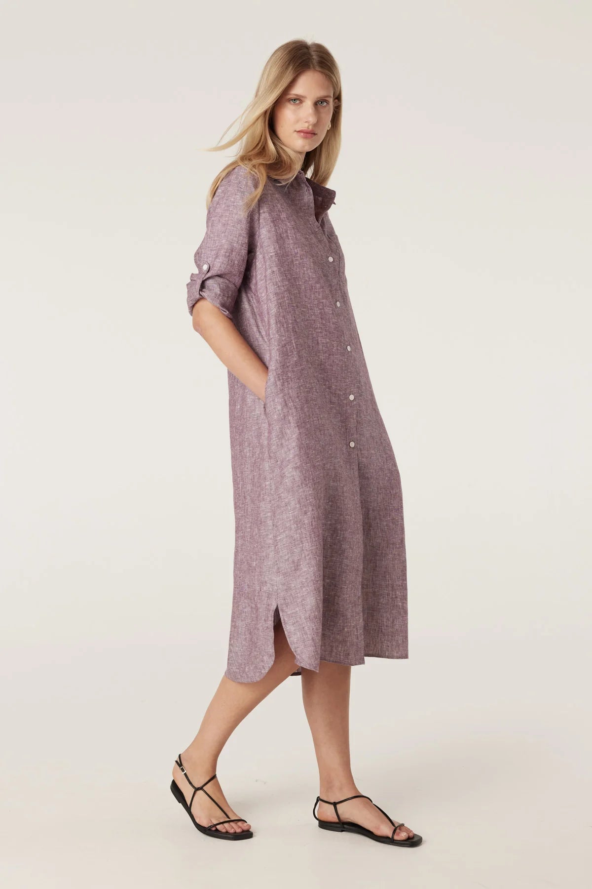 Pure Linen Shirt Dress Berry