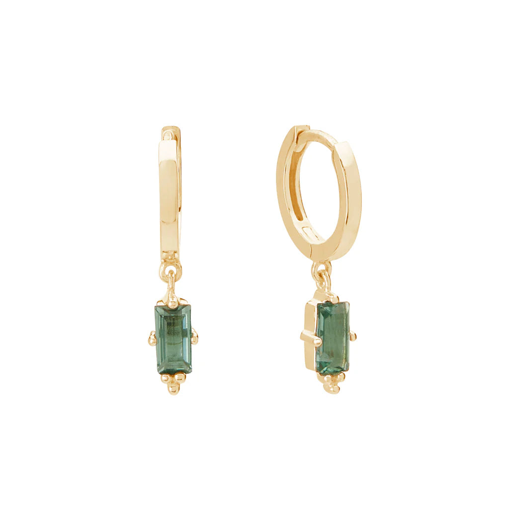 Murkani Huggie with Hanging Green Quartz Baguette in 18KT Yellow Gold Plate