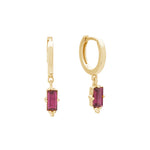 Load image into Gallery viewer, Murkani Huggie with Hanging Pink Rhodolite Baguette in 18KT Yellow Gold Plate
