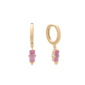 MURKANI - Huggie with Hanging Pink Quartz Baguette in 18KT Yellow Gold Plate