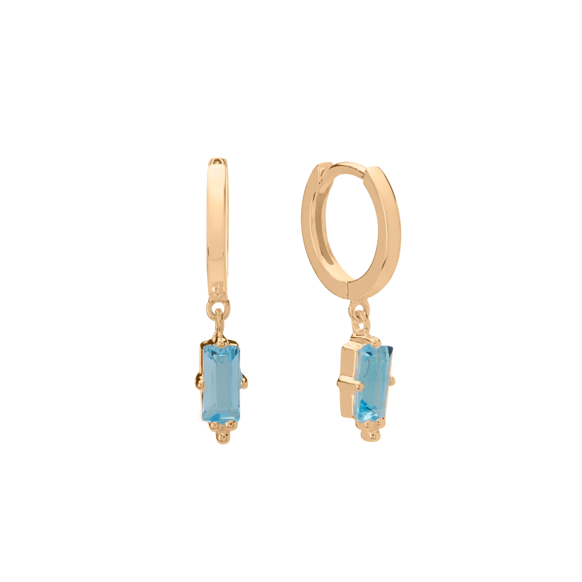 MURKANI - Huggie with Hanging Blue Topaz  Baguette in 18KT Yellow Gold Plate