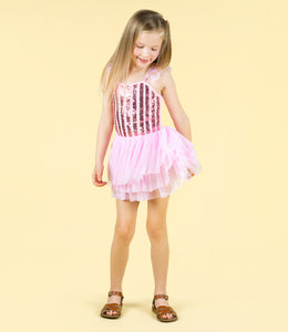 PINK STRIPE SEQUIN TULLE LEOTARD DRESS