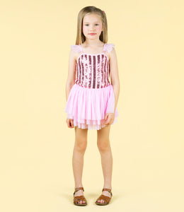 PINK STRIPE SEQUIN TULLE LEOTARD DRESS