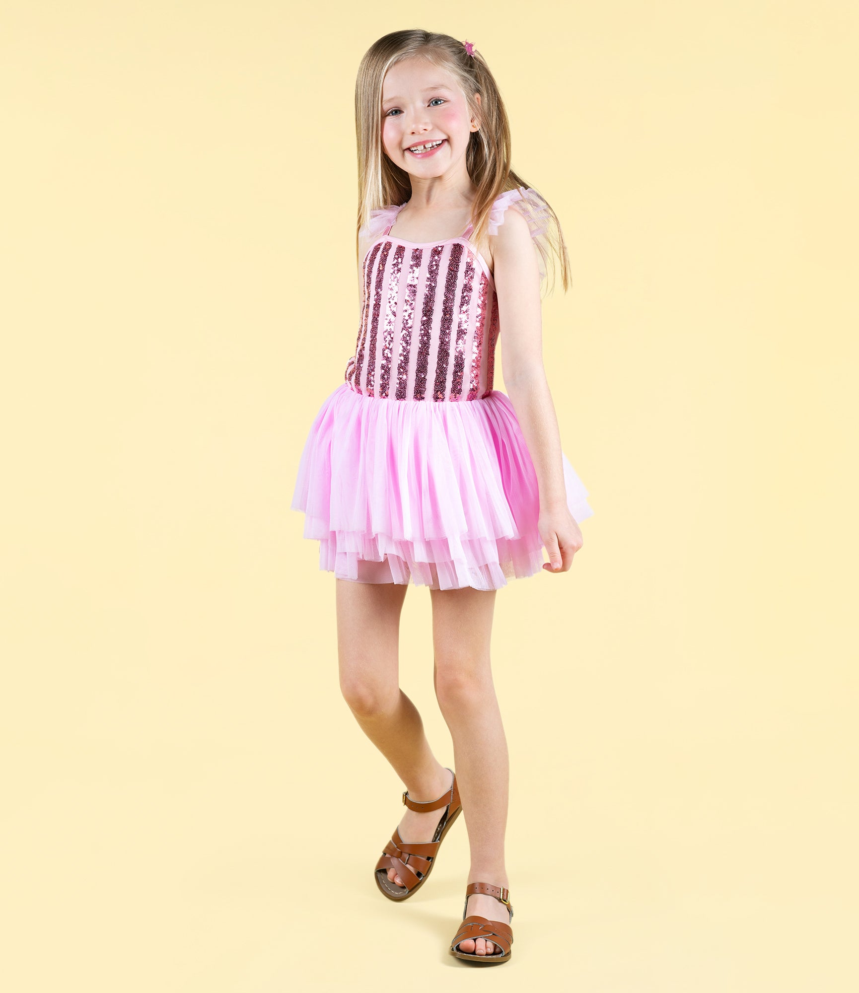 PINK STRIPE SEQUIN TULLE LEOTARD DRESS